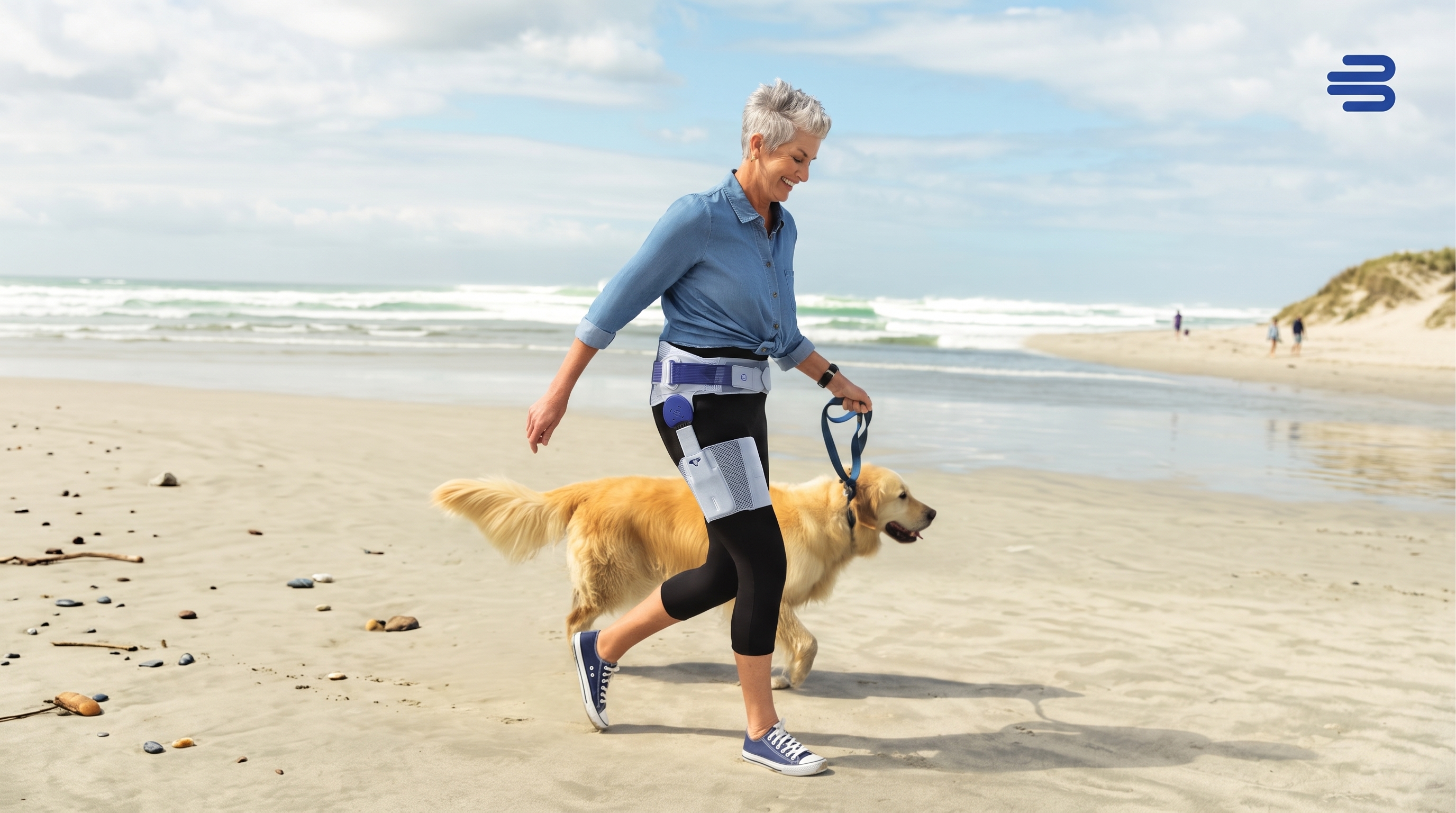 eine frau mit orthese am strand